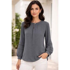 Loft Balloon Sleeve Blouse Top Keyhole Crochet Lightweight Classic Peasant Med